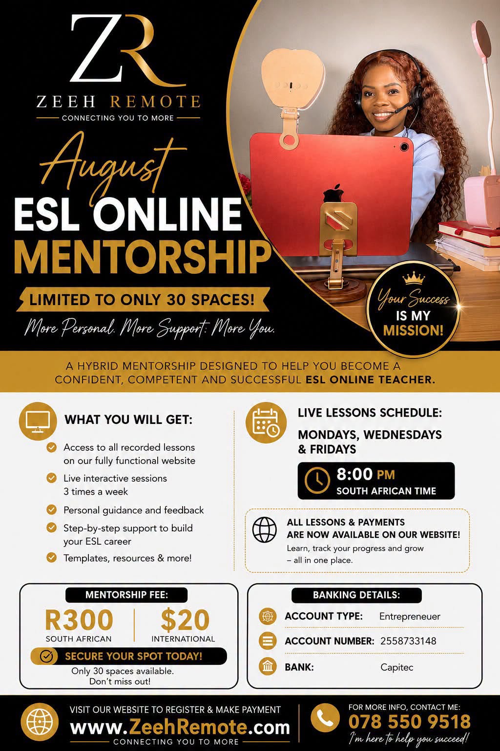 August ESL Online Mentorship Poster — Zeeh Remote